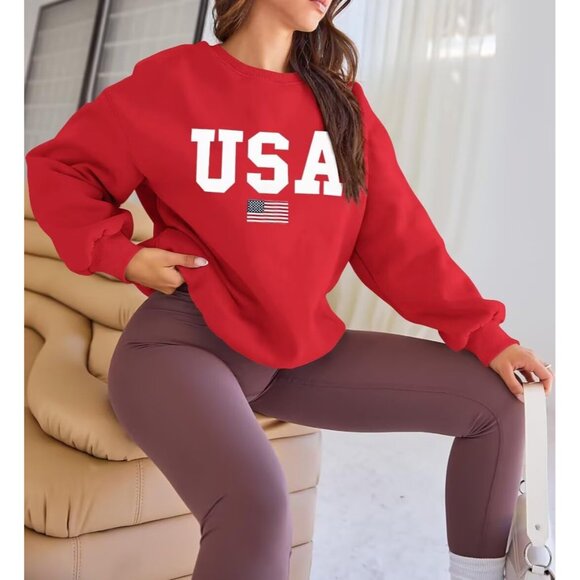 Womens Oversized Fleece Sweatshirt USA Flag Long Sleeve Casual Comfort - Picture 3 of 4